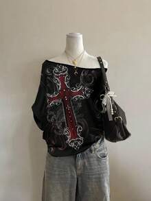 Attitoon Casual Minimalist Cross Full Print Off-Shoulder Loose Women T-Shirt,Graphic Tees - Multicolor - View 7