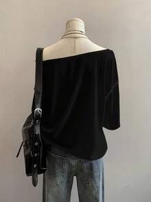 Attitoon Casual Minimalist Cross Full Print Off-Shoulder Loose Women T-Shirt,Graphic Tees - Multicolor - View 2