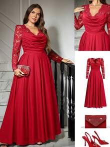 Ellevyn 大码纯色垂褶领长袖收腰优雅连衣裙 - 紅色 - 查看 9