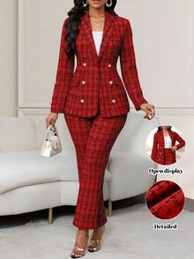 SHEIN Lady Bộ đồ hai mảnh vải tuýt đen in họa tiết dành cho nữ Bộ đồ hai mảnh thanh lịch dành cho nữ khi đi làm - Đỏ - Xem 1