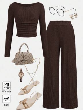 SHEIN Teen Girls Crew Neck Ruched Waist Long Sleeve T-Shirt And Wide Leg Pants Co-Ord Set