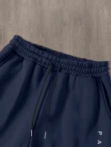 Manfinity Homme 2pcs Men Paris Slogan Graphic Print Casual Sweatshirt And Sweatpants Set, Fall/Winter Men Clothes - Navy Blue - View 4