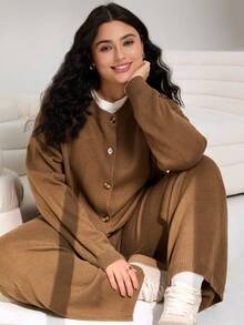 SHEIN EZwear Plus Size Brown Cardigan And Loose Pants 2 Pieces Set/Winter - Brown - View 1
