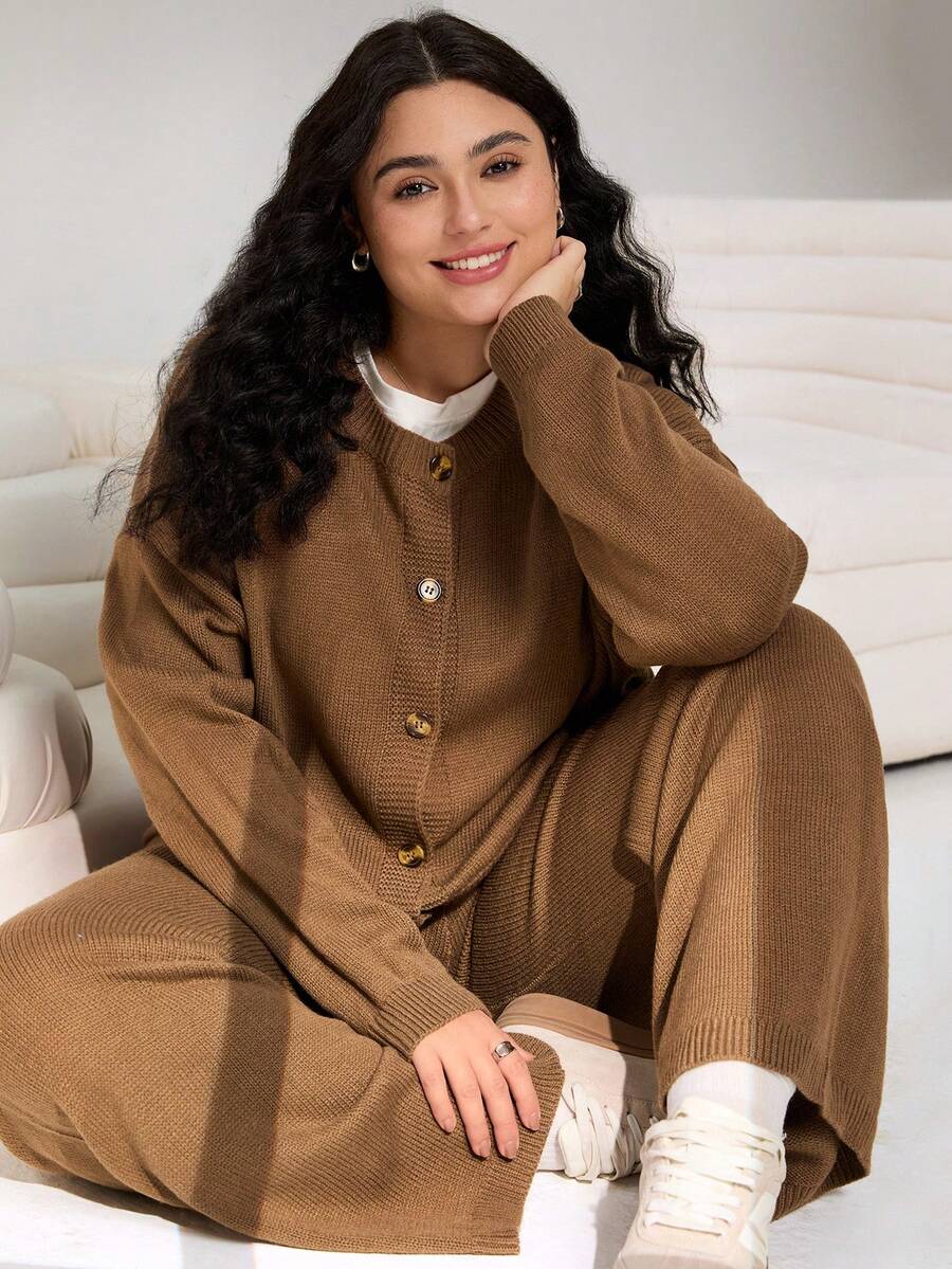 SHEIN EZwear Plus Size Brown Cardigan And Loose Pants 2 Pieces Set/Winter - Brown - View 1