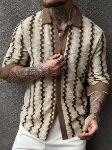 Manfinity CasualCool Men's Contrast Stripe Casual Shirt With Front Button Closure And Flat Collar Men Knitted Button Up Crochet Men Shirt,Men's Geometric Jacquard Long-Sleeved Button-Down Shirt,Men's Boho Apricot Regular Fit Striped Knitted Long Sleeve Button Front Collar Shirt - Apricot - View 5