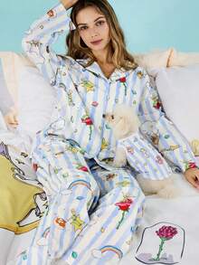LE PETIT PRINCE X SHEIN Women's Loose Striped Watercolor Cartoon Fox, Rose & Planet Pattern Long Sleeve Top & Long Pants Pajama Sets, Back To School, For School, Fall And Winter - Blue and White - View 7