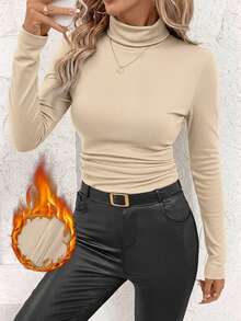 SHEIN Clasi 女士休闲杏色罗纹加绒高领修身加厚长袖T恤，适合秋冬季节，百搭实用 - 卡其色 - 查看 3