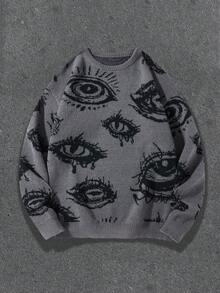 Manfinity ZONE917 Áo len dài tay cổ tròn họa tiết mắt dáng rộng cho nam, mùa thu/đông - Màu xám đen - Xem 8