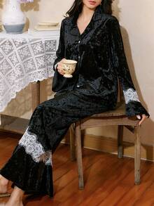 Côtesoire Conjunto de pijama de cárdigan de encaje elegante francés de color contrastante para mujer - Negro - Ver 5