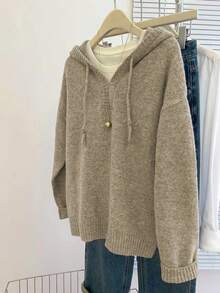 SHEIN Franclia 女士休闲宽松连帽长袖基础款灰色针织套头毛衣，秋冬季 - 駝色 - 查看 3