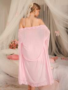 DelicateAllure Bộ đồ ngủ phòng ngủ trưởng thành thêu ren thanh lịch, bộ đồ ngủ 2 món quyến rũ dành cho nữ - Màu Hồng baby - Xem 2