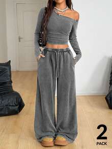 Coolane Women's Daily Wear Essentials Knit Stretchy Comfy Asymmetrical Neck Long Sleeve Tops And Wide Leg Sweatpants Tracksuit,2pcs,French Grey - Grey - View 5