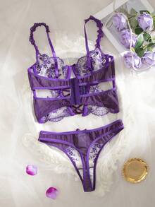 两件套花卉刺绣网纱透视性感内衣套装