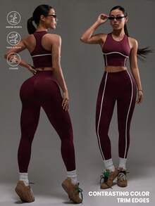 Dewbera Women's Seamless Cropped Tank Top And Leggings Sports Set - Burgundy - View 1