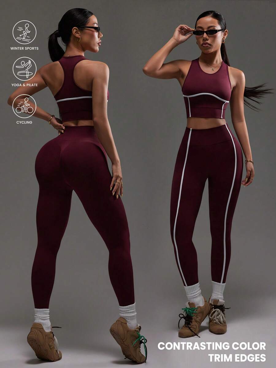 Dewbera Women's Seamless Cropped Tank Top And Leggings Sports Set - Burgundy - View 1