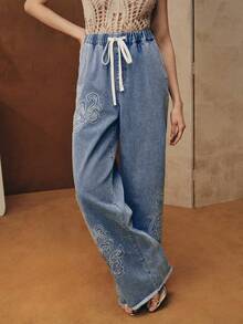 Anewsta Street Style Embroidered Blue Straight-Leg Jeans For Women - Blue - View 6