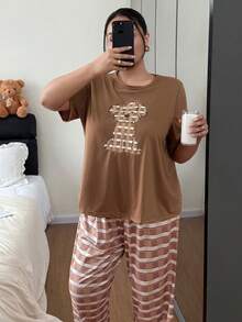 Bộ đồ ngủ tay ngắn họa tiết chó con hoạt hình dễ thương cỡ lớn cho nữ - màu nâu - Xem 3