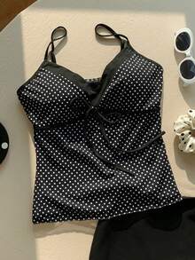 Comfortcana Women's Black & White Polka Dot Print Tie Strap Camisole - Black - View 3