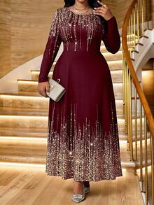 SHEIN Lady 春夏优雅派对婚礼鸡尾酒会音乐会/节日针织圆领喇叭长袖加大码连衣裙 - 酒紅色 - 查看 6