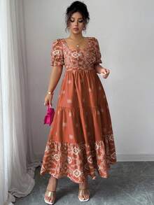 Elenzga 大码女式印花方领收腰A字优雅度假及休闲通勤短袖连衣裙 - 棕色 - 查看 6