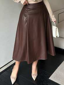 Dazy Plus 纯色PU皮A字裙，优雅百搭，适合春秋季穿着 - 棕色 - 查看 1