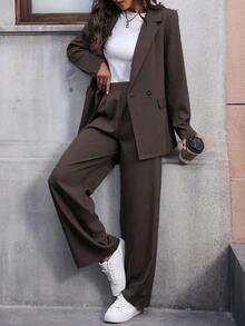 EMERY ROSE 女士休闲通勤翻领西装外套和裤子套装，秋季女士套装，女士商务休闲套装，女士服装套装 - 棕色 - 查看 3