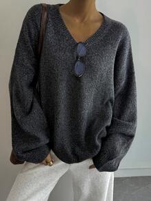DAZY 女士V领宽松灰色长袖休闲毛衣 - 深灰色 - 查看 6