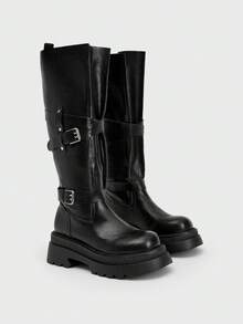 Sugerpunk 女士休闲简约过膝长靴，适合通勤，秋冬季穿着 - 黑色 - 查看 1