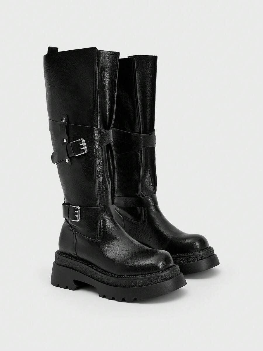 Sugerpunk 女士休闲简约过膝长靴，适合通勤，秋冬季穿着 - 黑色 - 查看 1