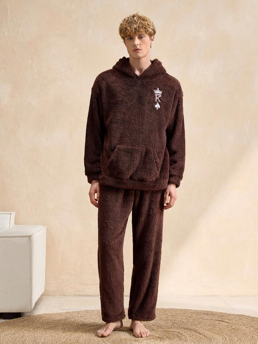 Men's Drop Shoulder Long Sleeve Hooded Warm Pockets Winter Pajama Set - Multicolor - View 1