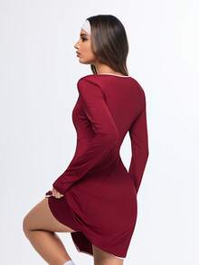 Eassivo Eassivo Women's Wine Red Contrast Trim Long Sleeve Active Dress, Square Neck Skater Dress, Casual Fit And Flare,Women's Casual Contrast Trim Long Sleeve Sports Dress - Burgundy - View 3