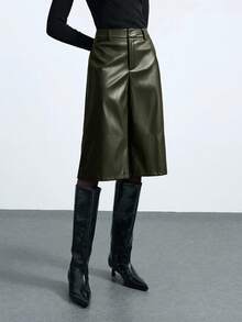 Maija 女士PU皮革阔腿七分裤，都市通勤商务休闲风，优雅适合办公室、圣诞节、新年派对等场合 - 軍綠色 - 查看 4