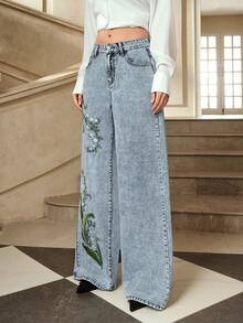 Selenza Women's Casual Everyday/Workwear/Vacation Loose Wide-Leg Jeans With Wind Chime Flower Embroidery - Blue - View 3