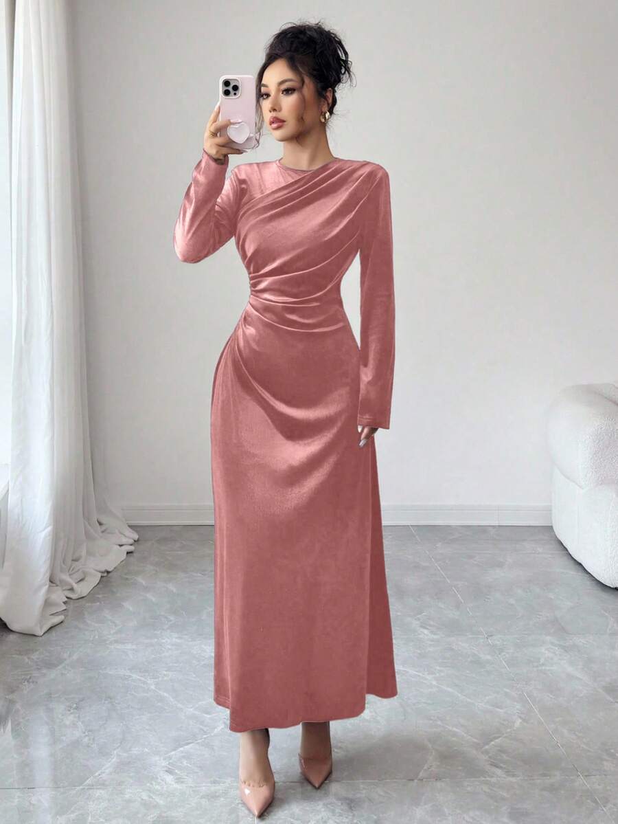 Modelyn Váy đầm phong cách Ả Rập dáng ôm eo nhún bèo thanh lịch dành cho nữ, phù hợp cho mùa xuân và mùa thu - Hồng - Xem 1