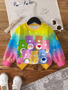 SHEIN X Care Bears 年轻女孩圆领长袖舒适秋冬啦啦熊睡前熊、好运熊、闪光熊、温柔熊卡通可爱彩色彩虹英文字母印花图案卫衣 - 白色 - 查看 1