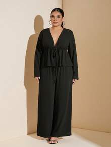 SHEIN BAE Set de 2 piese, cu mânecă lungă și legături în față, mărime plus, negru, pentru femei - Negru - Vizualizare 1