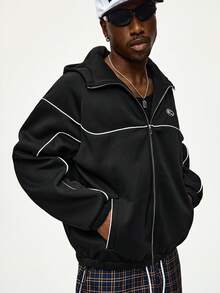 ROMWE MEN Prep Sudadera con capucha casual con cremallera y rayas de contraste para hombres - Negro - Ver 5
