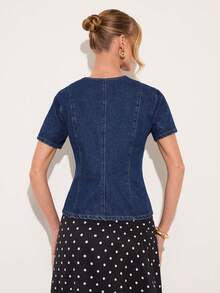 COSMINA Denim 女士优雅V领短袖牛仔衬衫，通勤和日常穿着皆宜，四季皆可 - 中等水洗藍 - 查看 2