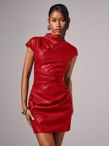 COSMINA Women's Elegant Pleated PU Solid Color Mini Dress - Red - View 7