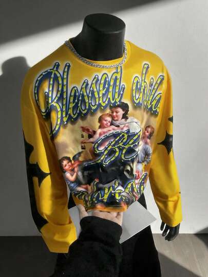 Manfinity Dauomo 舒适男士圆领 Y2K 风格宽松印花长袖 T 恤，休闲圆领英文字母印花纯色长袖 T 恤，十字，街头风格，适合作为礼物，适合秋冬季日常穿着，时尚百搭。