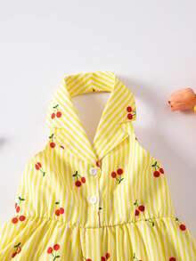 SHEIN Explorewe Girls Summer New Fashionable Polo Collar Halter Backless Waist Cinched Sweet Versatile Vacation Dress - Yellow - View 7