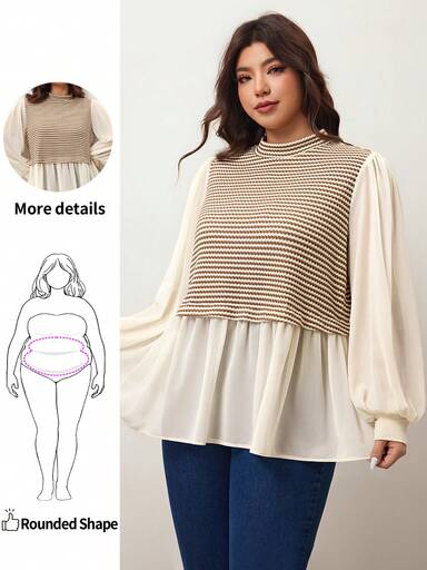 Enliva Damen Große Größen gestreiftes Kontrast-Farben A-Linien Loose Langarm T-Shirt für 2026 Neujahr, für Apfel- und Rundkörperform