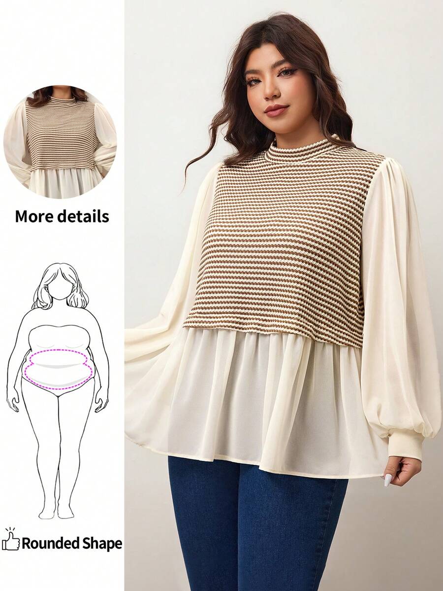 Enliva 2026新年新款加大码女式条纹撞色A字宽松长袖T恤，适合苹果型和圆润身材 - 杏色 - 查看 1