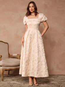 Enchnt Váy dự tiệc Maxi tay bồng cổ vuông chất liệu Jacquard thanh lịch, thắt eo cho nữ - Bụi hồng - Xem 1