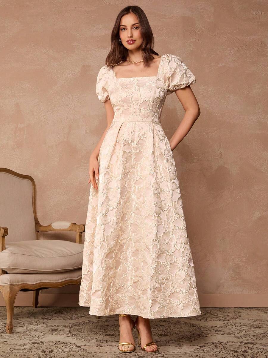 Enchnt Váy dự tiệc Maxi tay bồng cổ vuông chất liệu Jacquard thanh lịch, thắt eo cho nữ - Bụi hồng - Xem 1