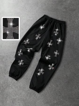 Pantalon de survêtement décontracté à taille élastique avec décoration de strass croisés, convient pour l'automne/l'hiver