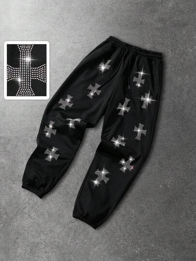 Men's Drawstring Waist Cross Rhinestone Decor Casual Everyday Commute Sweatpants, Suitable For Autumn/Winter