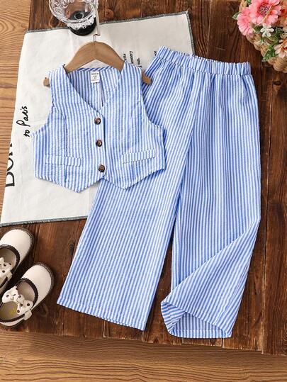 Young Girl Casual Spring/Summer Plain Woven Sleeveless Top And Pants Set, Young Girl Casual Striped Square Neck Sleeveless Top Shirt And Straight Leg Pants Set, Fashion Streetwear Commuting Outfit