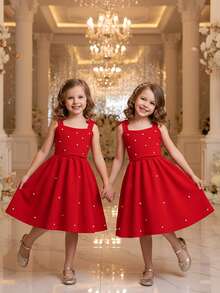 Sparklyn 女童可爱无袖中长连衣裙，蝴蝶结，褶皱面料，珍珠装饰，优雅派对、休闲装、夏季 - 紅色 - 查看 3