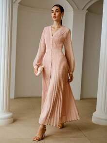 ZEYLAH Đầm dài tay xếp ly cổ chữ V lãng mạn, thanh lịch, thích hợp cho mùa xuân/hè và ngày Valentine. - Màu Hồng baby - Xem 5